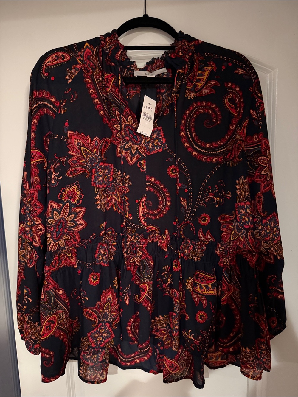 LOFT Black Paisley Floral Ruffle Tunic with Red & Gold Accents